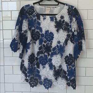 Chico’s Blue and White Lace Overlay Top